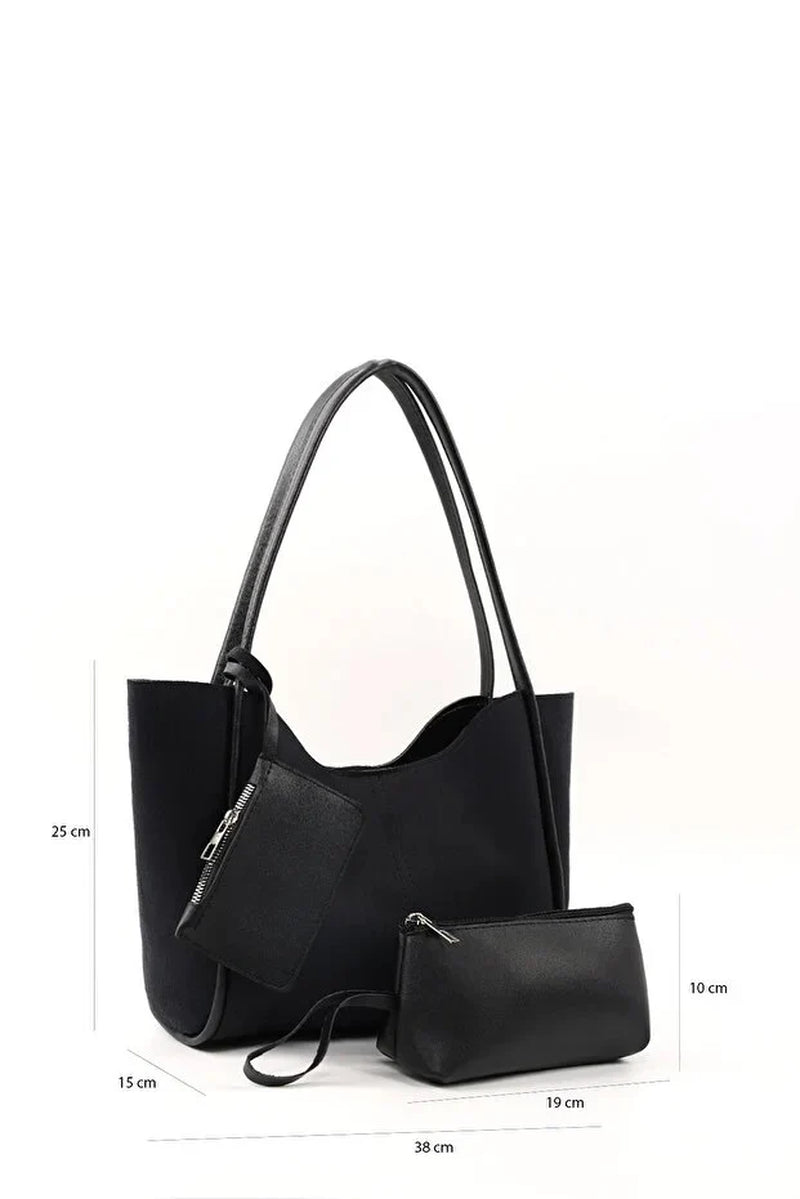 Elevate Your Style with the Chic Black Suede SHK108 Women's Hand and Shoulder Bag Set - Complete with Wallet and Makeup Bag