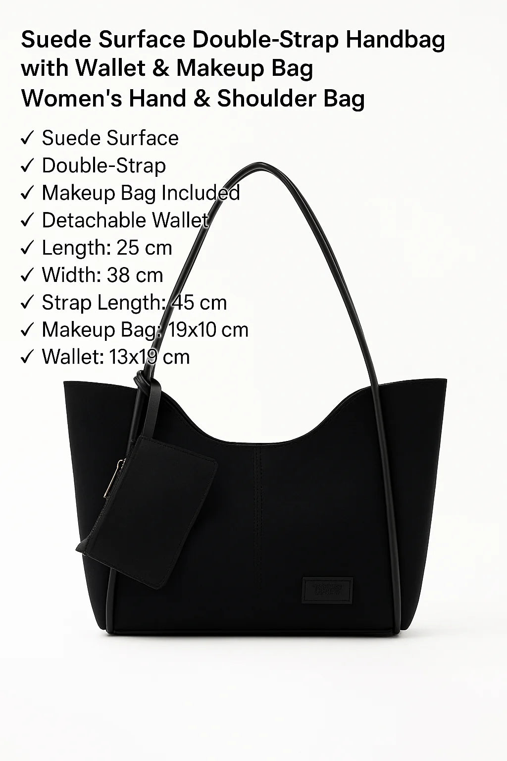 Elevate Your Style with the Chic Black Suede SHK108 Women's Hand and Shoulder Bag Set - Complete with Wallet and Makeup Bag